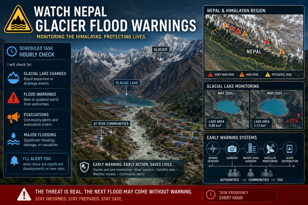 Melting glaciers and a swollen glacial lake in Nepal’s Himalayas highlight the growing risk of sudden glacial lake outburst floods as scientists work to predict future disasters.